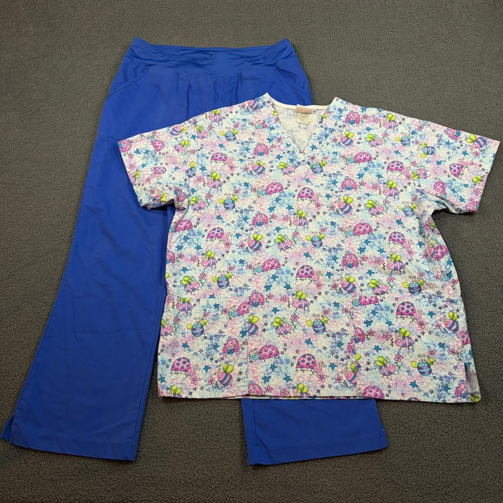 Butter-Soft Scrub Pants Women XL Blue Yoga Waist Flare Leg Pockets RN33489